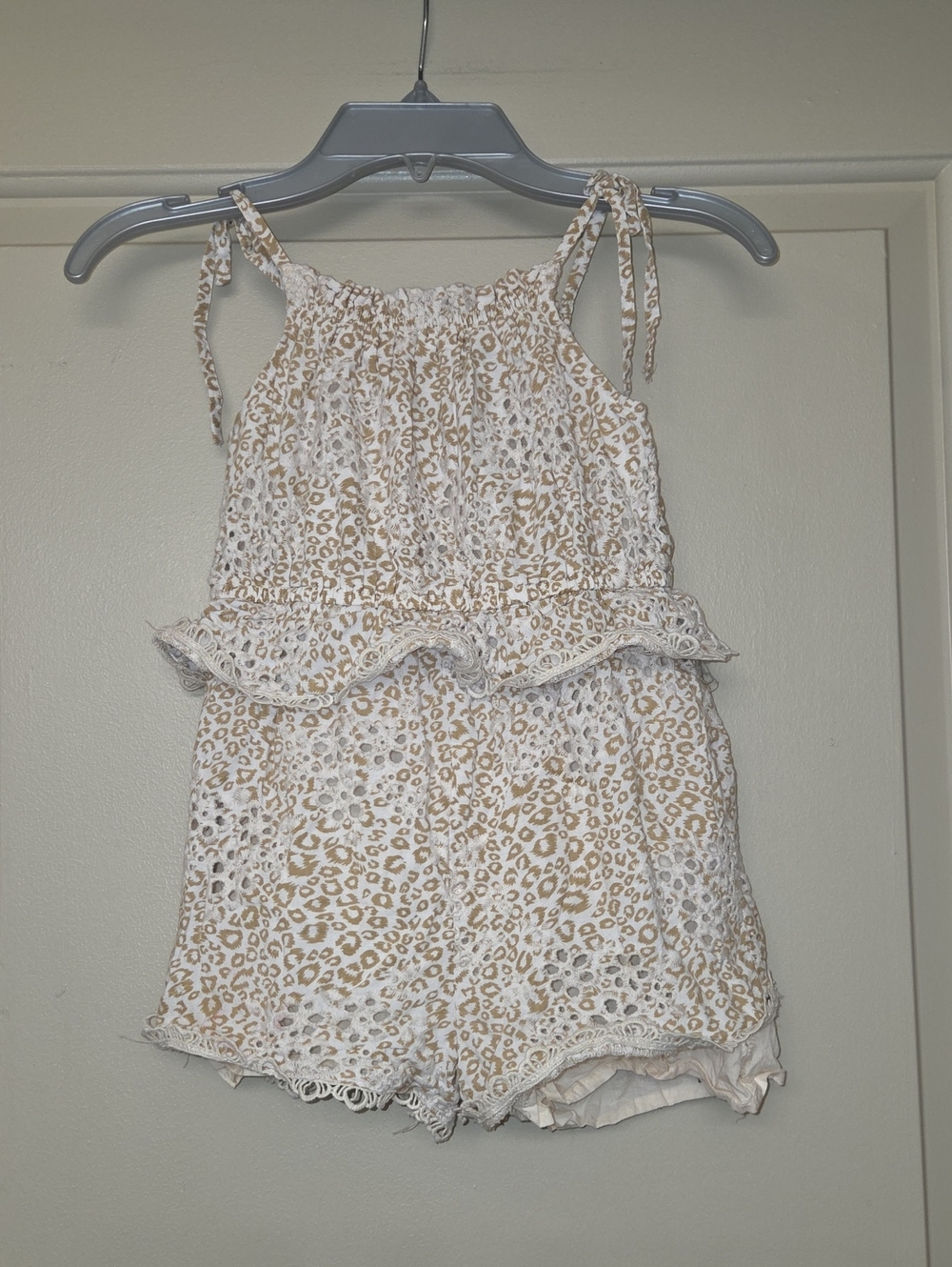 White & Tan Leopard Print Girls' Lace Romper